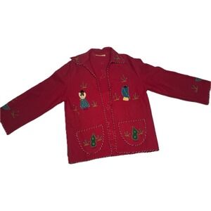 VTG Mexican Tourist Jacket Souvenir Folk Art Embroidered‎ Wool 40s 50s Red As Is